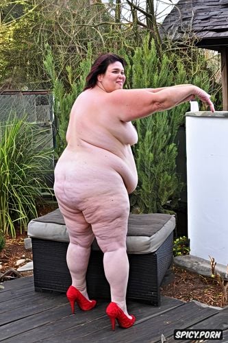 small shrink boobs, side view, an old fat woman naked with obese ssbbw belly