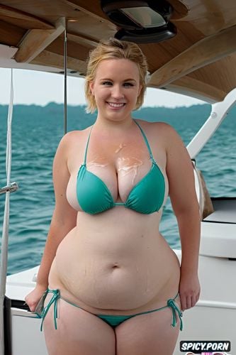 obese, sweaty oiled skin, string bikini, party cove boat party