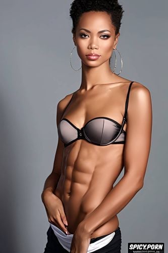 cute face, strong abs, featureless dark gray background, fit body