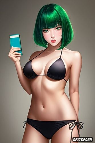 perfect face, green hair, precise lineart, seductive, large breasts