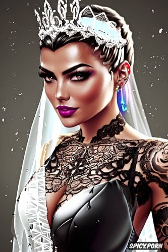 high resolution, sombra overwatch beautiful face milf tight low cut black lace wedding gown tiara