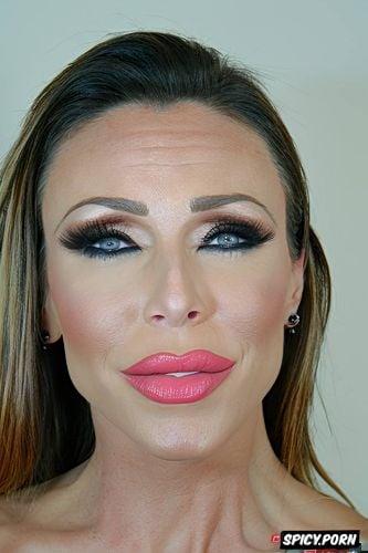 lip liner, slut makeup, eye contact, shiny glossy lips, pink bimbo lipstick