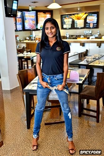 photogenic face, tight polo shirt, on a student visa, a young typical dusky dark skinned petite south indian waitress in america