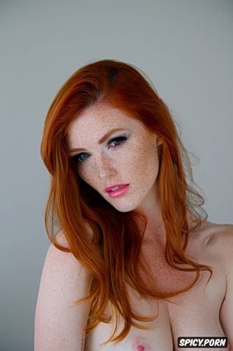 no make up, low gravity, symmetrical breast, real person, natural redhead