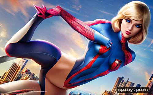 nude, spider gwen, small breasts, gwen stacy, superheroine, light skinned