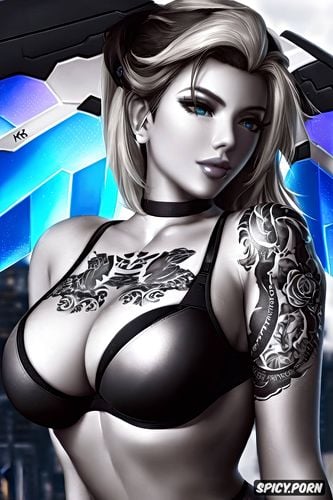 mercy overwatch beautiful face tight black yoga pants skin tight black sports bra tattoos milf