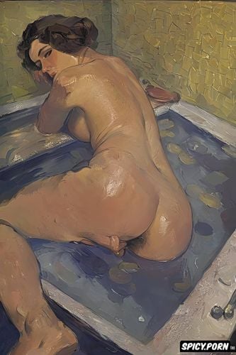 textured impasto oil paint, intimate tender lips, taking a bath