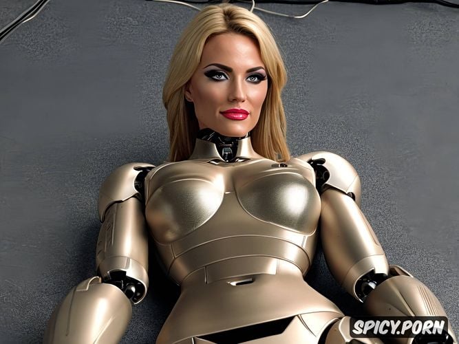 sexy blonde robot with fully metallic body and huge tits, internal robotic parts visible in the abdomen