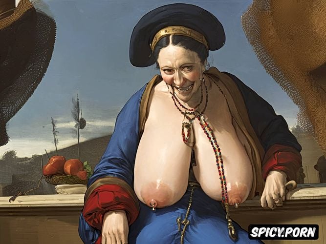 saggy tits1 7, blue, nipple piercings, nun, boobs are on the table