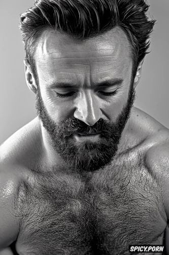 solo man body muscular, some body hair, big bush, uncut tattooed arms perfect face big erect penis hugh jackman face wolverine