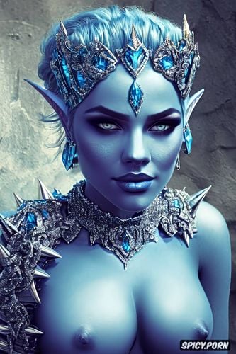 k shot on canon dslr, ultra detailed portrait, masterpiece, fantasy princess high elf beautiful face icey blue skin tone short spikey light blue hair tattoos royal elven armor tiara topless tits out castle