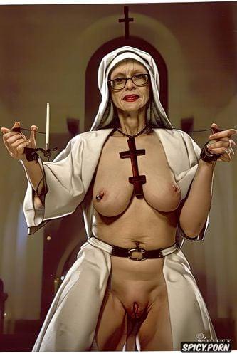 extremely skinny, loose flat tits, nun, entire body, ribs showing
