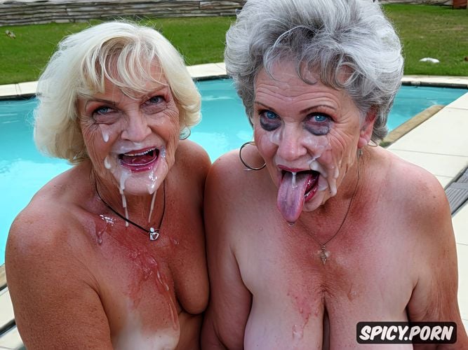 highres, tremendous cum on tits, true color, old zombie grandmother and old zombie aunt