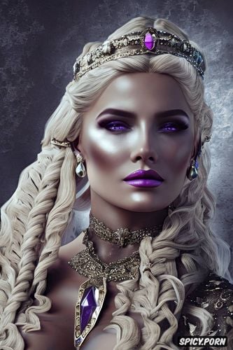 face shot, ultra detailed, fantasy roman empress beautiful face full lips rosey skin long soft ashen blonde hair in a braid rich dark purple robes diadem curvy