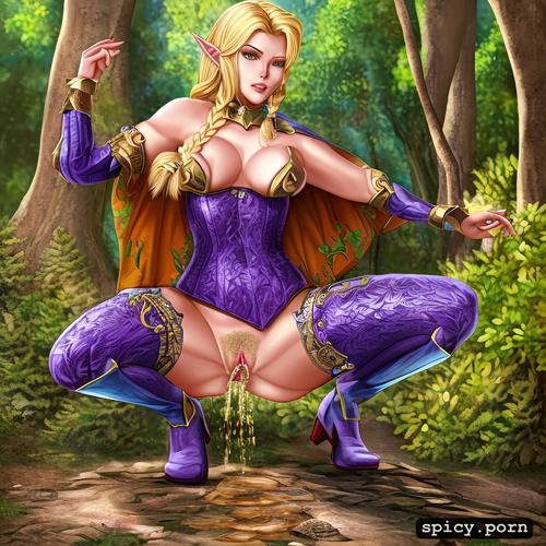 detailed face eyes lips, jaheira from baldur s gate in a forest squatting and peeing with her hairy pussy for all to see