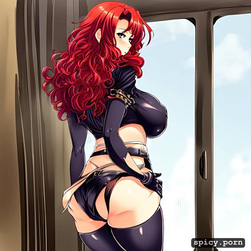35 yo, red hair, long hair massive breasts, medium ass, curly hair