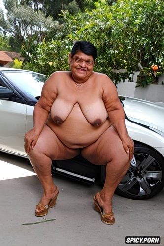 she is totaly naked, she is topless, with belly wrinkles, front view shot