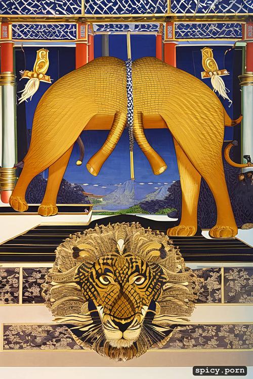 japanese woodblock print, lion cub and elephant