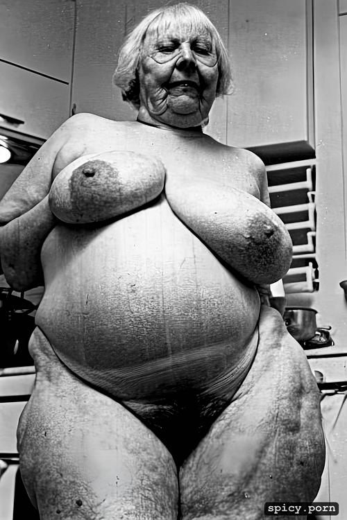nude, giant breasts, white hair, standing in kitchen, color photography