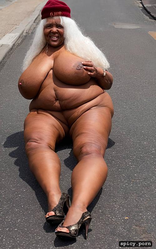 75 years old, massive shaggy breasts, fat legs, in the street