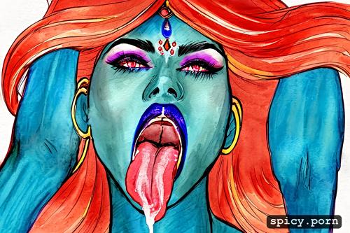 indian godess kali, blue skin, horny face, tongue out, cum on tongue