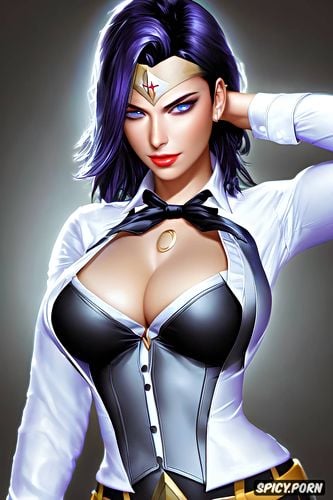 ultra detailed face shot, ultra realistic, raven the justice league black blazer white shirt shirt unbuttoned beautiful face milf