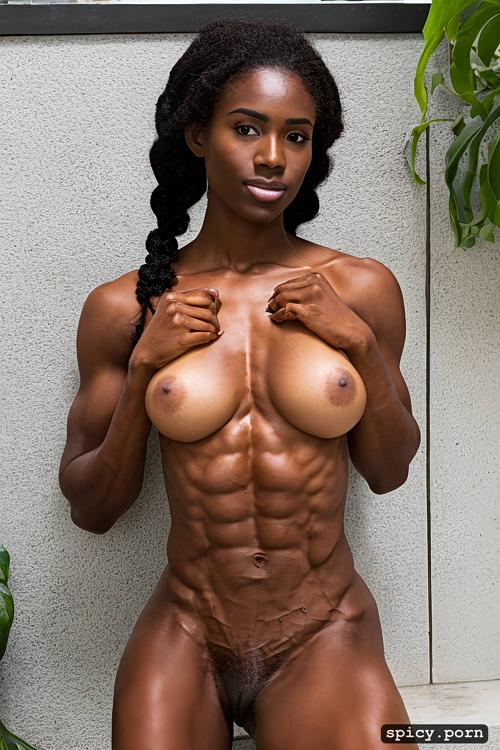 sweaty skin, muscular body, stunning face, ebony lady, medium boobs