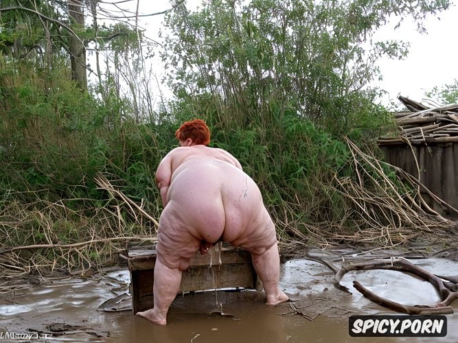 short red hair, massive pubic hair, in mud pit, in filthy slum