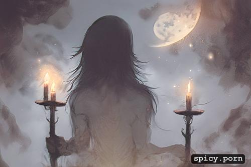 watercolor, inspiring witch peer through a candlelit fog, soft cosmic moonlight