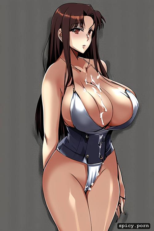 cum inflation, 18 years old, anime woman, brown hair, big boobs