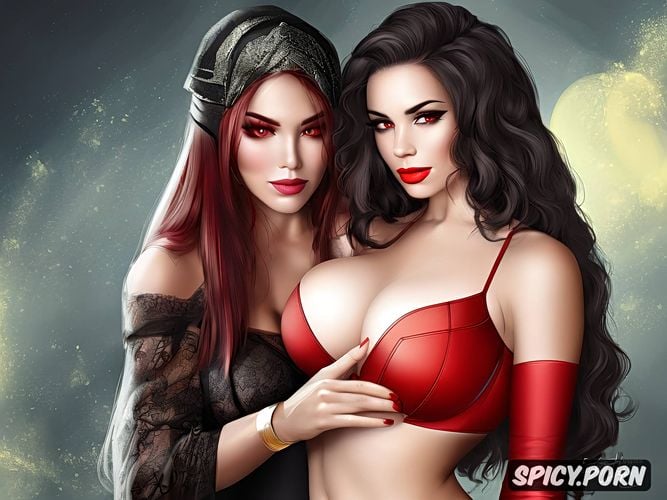 lesbian play, scarlet witch, tall, big tits, solid colors, white skin