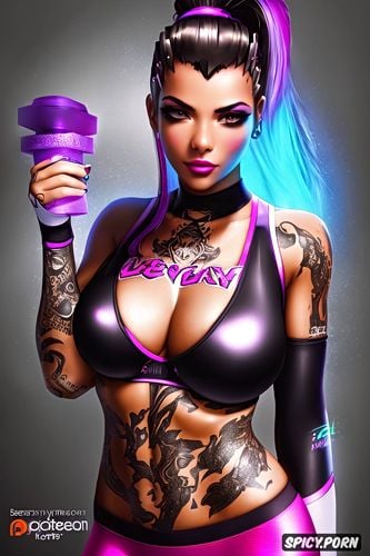 high resolution, ultra realistic, k shot on canon dslr, sombra overwatch beautiful face young tight black yoga pants topless tits out tattoos gym masterpiece