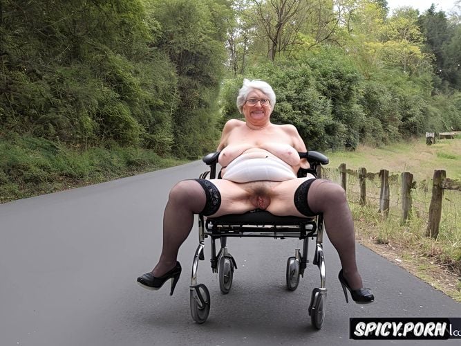 macromastia, spreading legs, very old granny 94 years old, sitting in wheelchair on the road