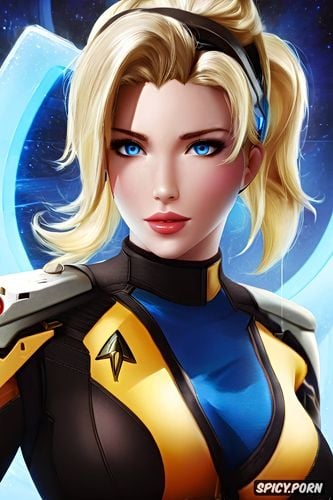 high resolution, ultra detailed, ultra realistic, mercy overwatch beautiful face young tight low cut star trek uniform masterpiece