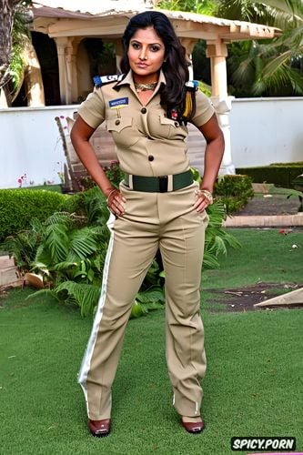 full shot by canon eos r five camera, in a sexy fitting genuine indian police all khaki attire exposing all her body curves