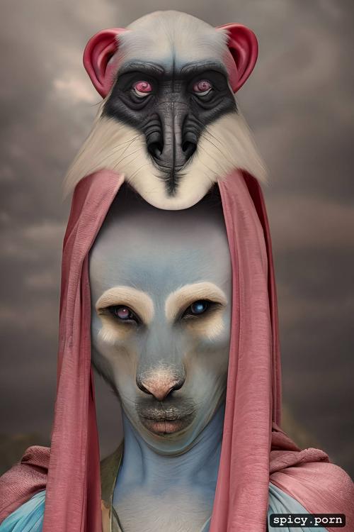mandrill face woman, natural tits, pink pastel blue nose, portrait