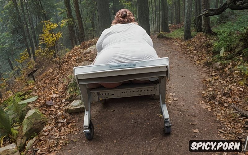 spreading legs on the forest, ugly fat grandma, glasses, very sick