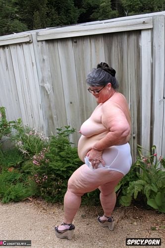 an old fat woman naked with obese ssbbw belly, side view, wearing white see through coton loose shorts