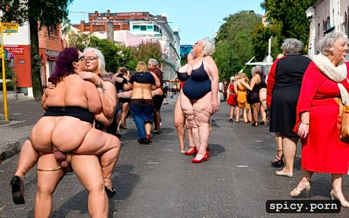 ultra detailed, full body face, highres, full nude body, obese granny group kissing sucking in busy street