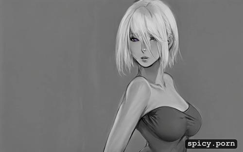 3dt, pretty naked female, detailed, white hair, style charcoal