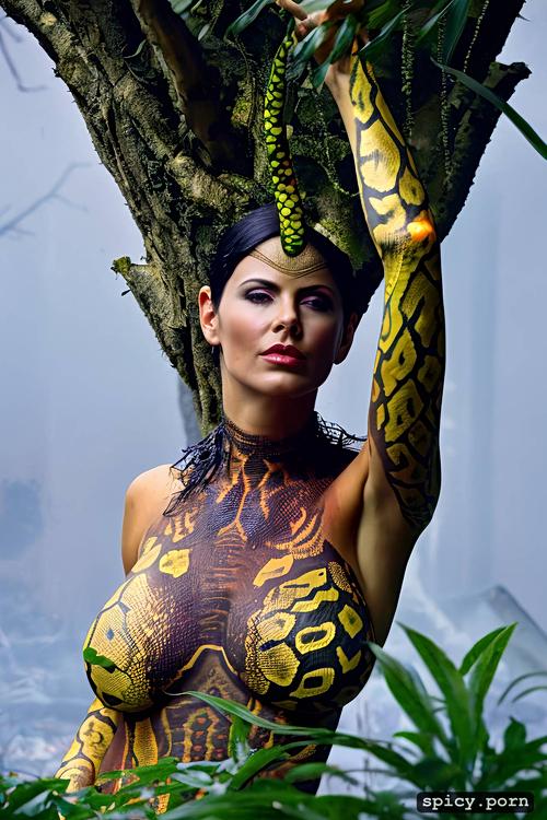 national geographic photography, reptilian bodypaint, dark, snake pattern