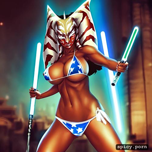 visible nipple, masterpiece, saggy breasts, a lightsaber, highres