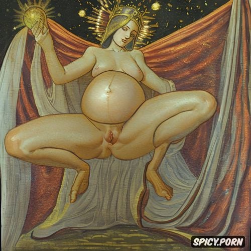 halo, virgin mary nude, holding a small ball, holy, spreading legs shows pussy