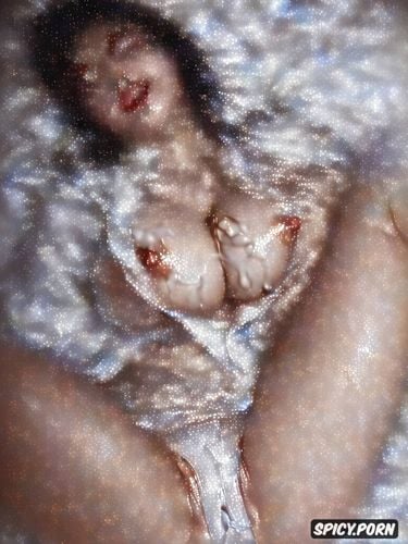 dripping cum, portrait view, swimsuit is blue one piece, full body shot