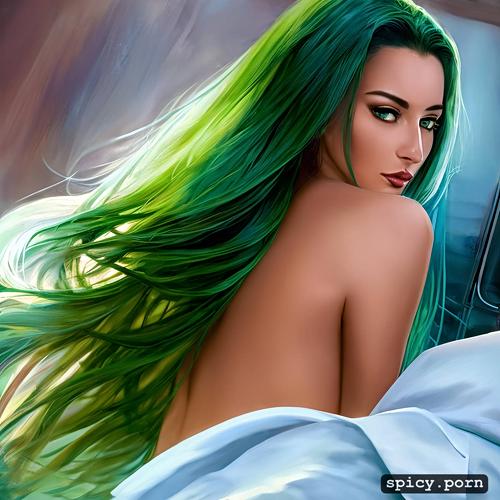 green hair, hourglass figure body, long hair, yacht, latina female