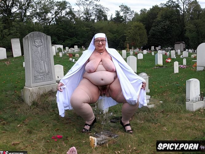 grave with headstone in a cemetery, very wide hips, pear shaped body