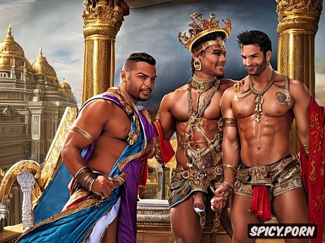 big balls, handsome male faces huge hard dicks, smiling, hindu male gods fondling each other nude