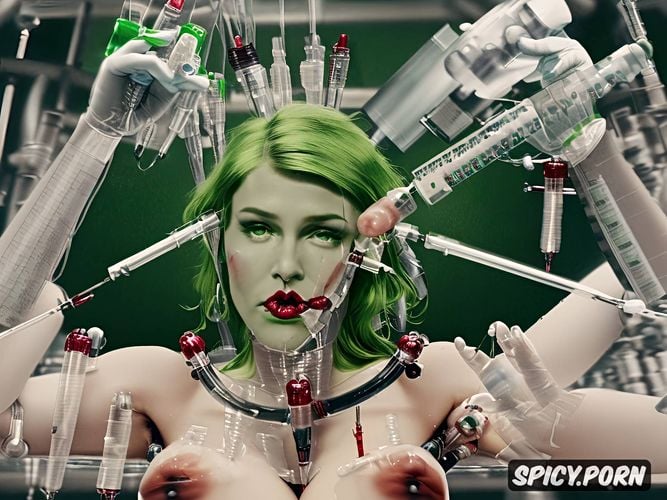 beautiful blonde, hogtied, gynecologist chair, doctor harleen quinzel is being transformed into harley quinn by pumping joker venom into her big tits
