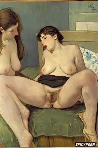 indoors, double penetrated, paul cézanne, threesome orgy on bed with two very very old grannies