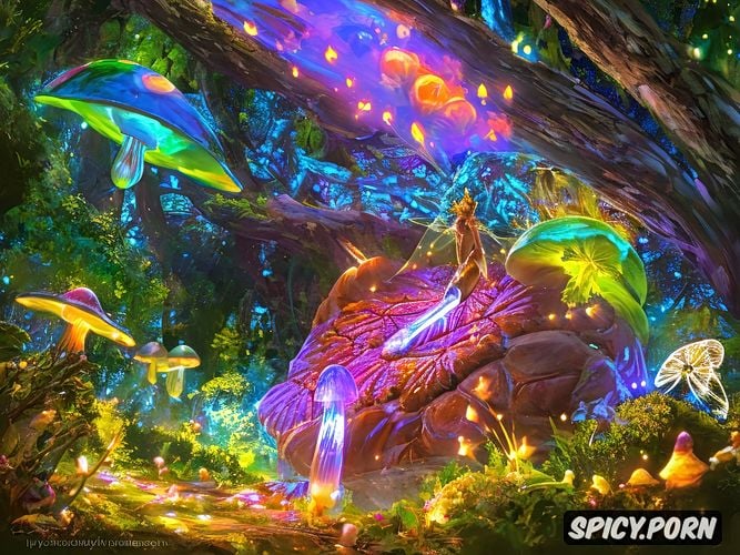 fairy tale, beautiful colors, magic mushrooms glowing in the dark